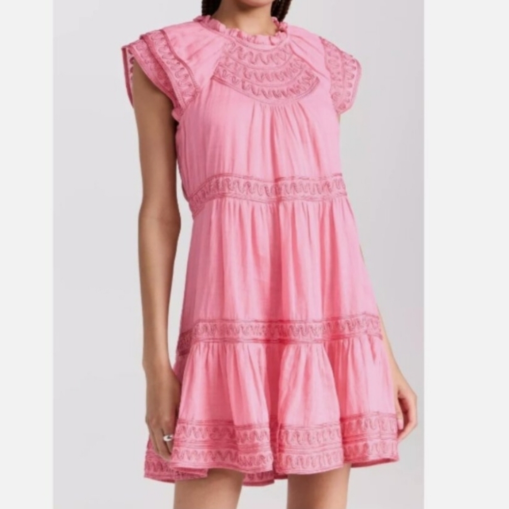 Veronica Beard Preppy Keely Tiered Ramie Mini Dress Size 10 Barbiecore - Picture 3 of 16